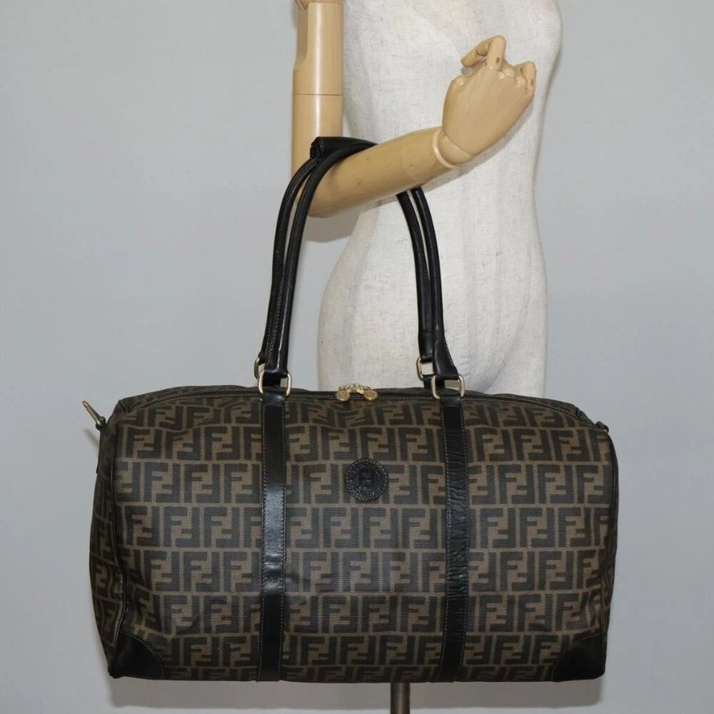 FENDI Zucca Canvas Boston Bag PVC Black Brown gold Auth 142675